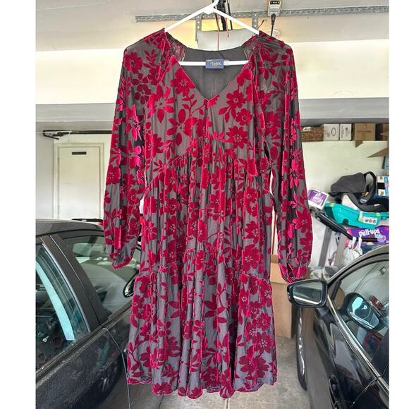 Just Taylor Burgundy‎ Floral 3/4 Puff Sleeves Dress Size 8 - Picture 9 of 10